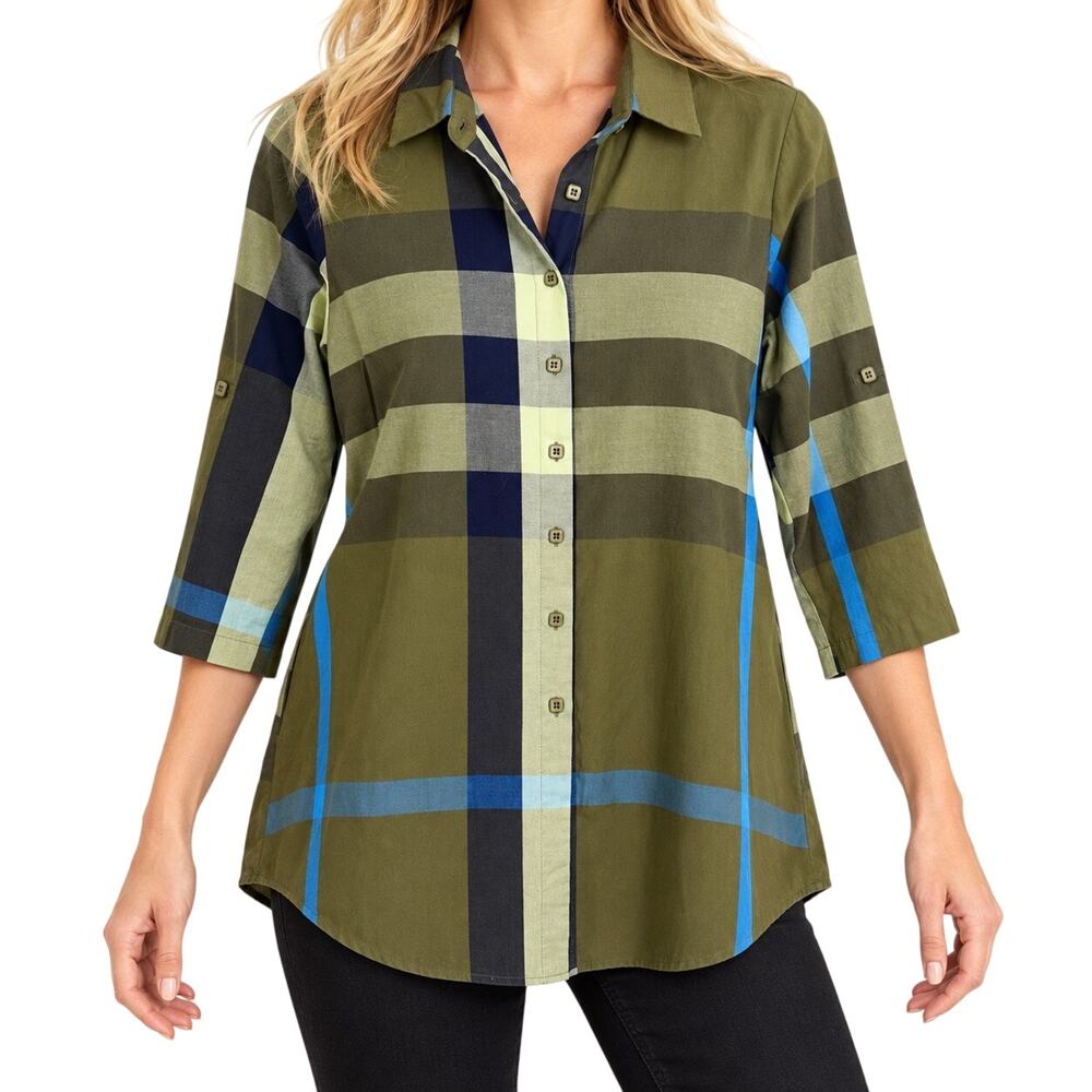 Shana Sz Small Green Wearable Art Plaid Blouse Shirt Top Winter Christmas Fall